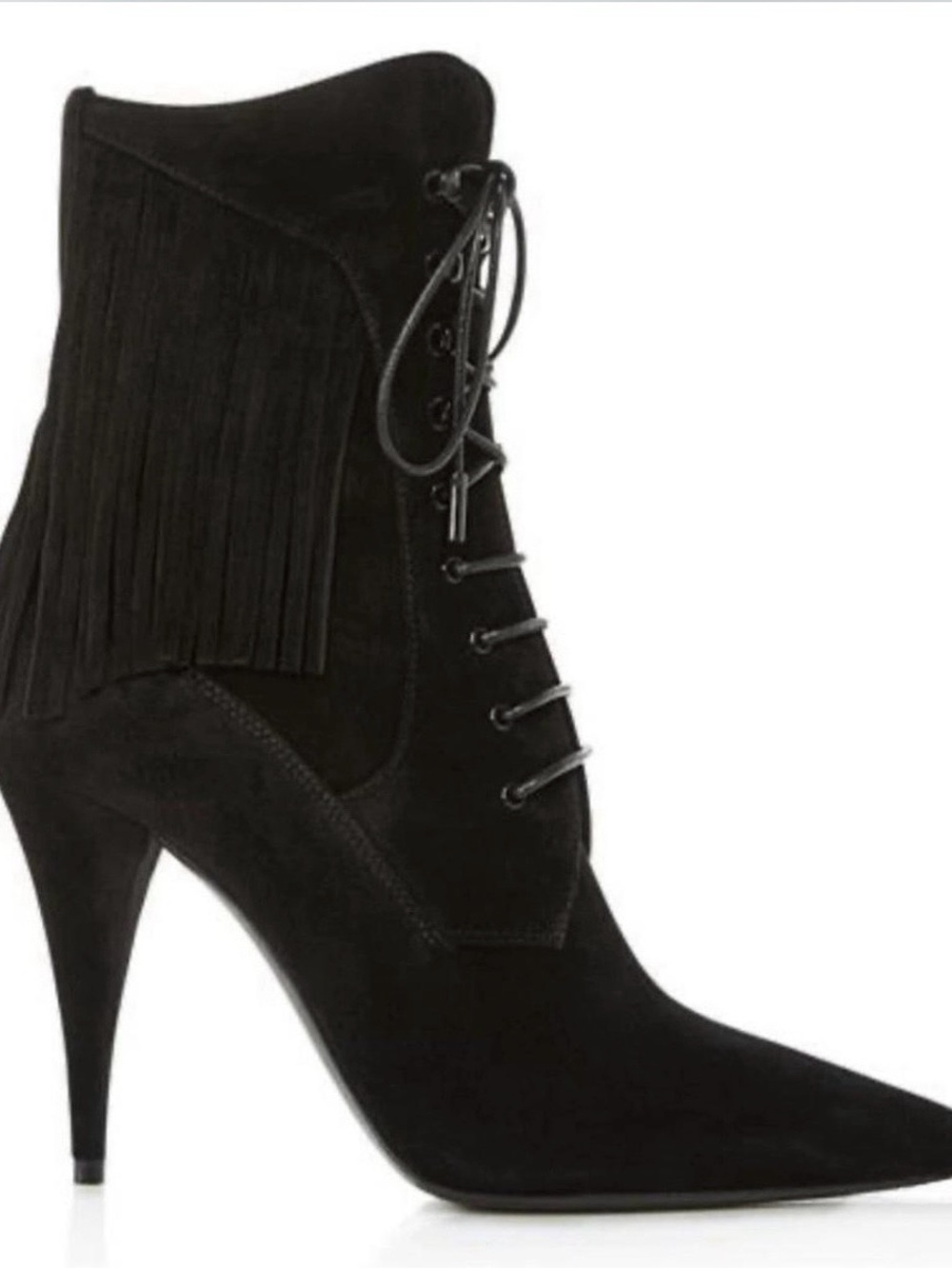 Saint Laurent Black Suede Fringe Lace-Up Stiletto Ankle Bootie